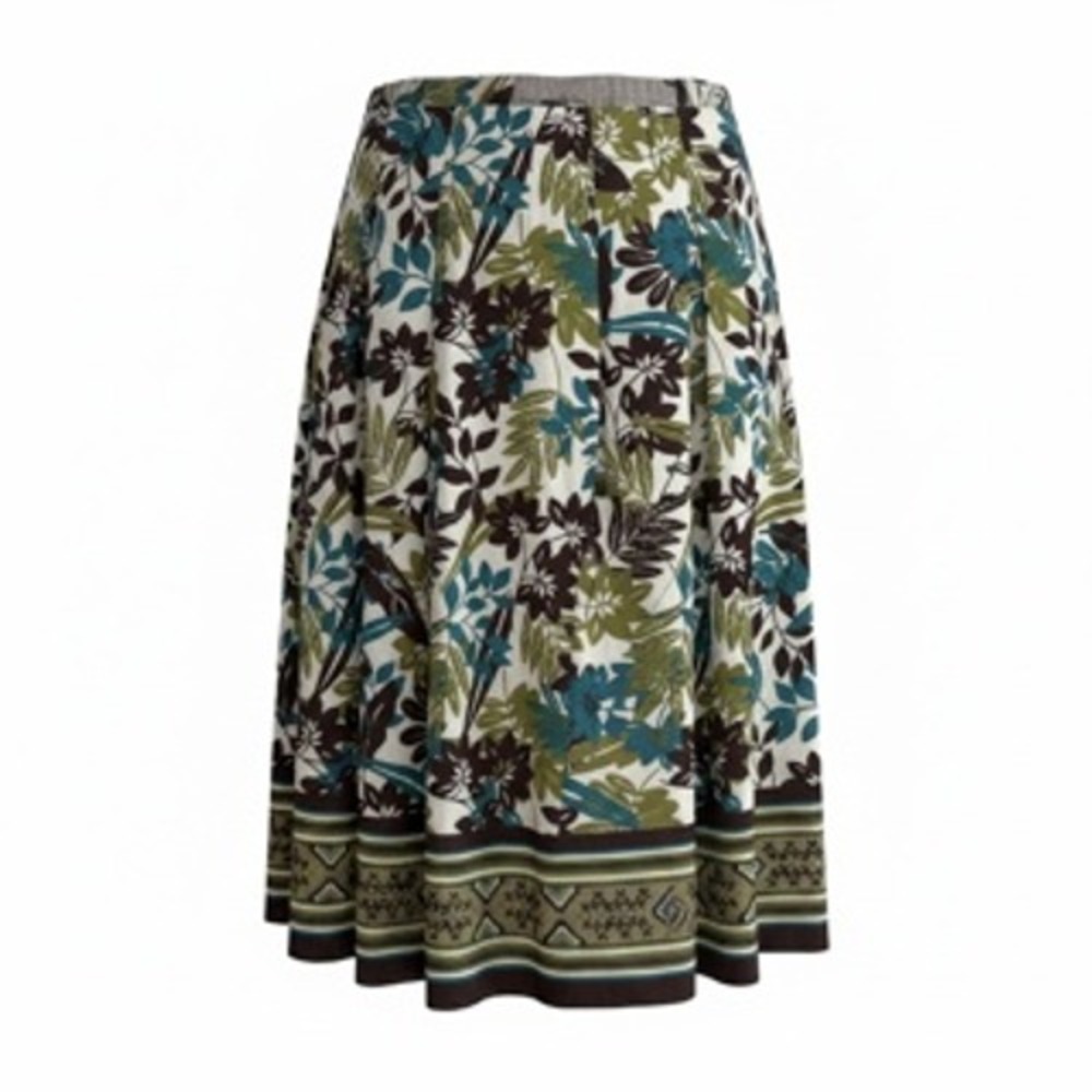 Dressbarn Women Green Brown Tropical Floral Border Print Midi Skirt Size 4